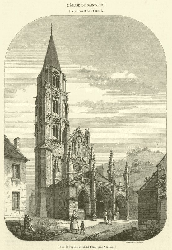 Utsikt över kyrkan Saint-Pere, nära Vezelay (gravyr) av French School