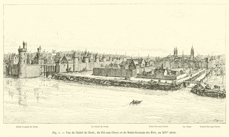Utsikt över Hôtel de Nesle, Pre aux Clercs och Saint-Germain des Pres, på 1300-talet av French School