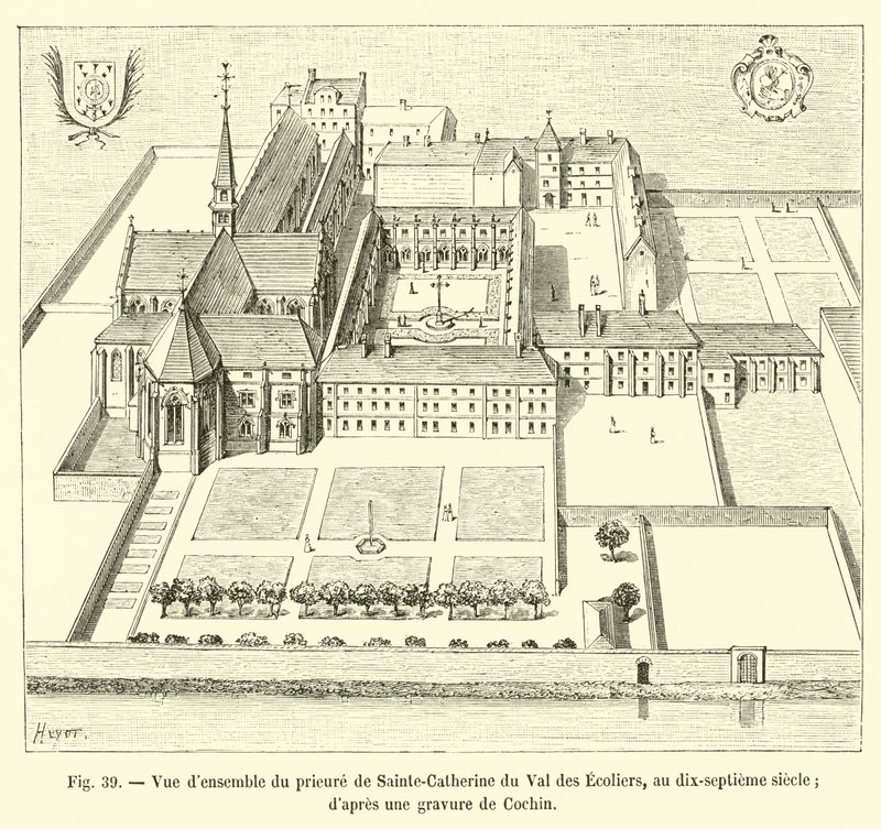 Översikt över Priory of Sainte-Catherine du Val des Ecoliers, i det sjuttonde århundradet; från en gravyr av Cochin av French School