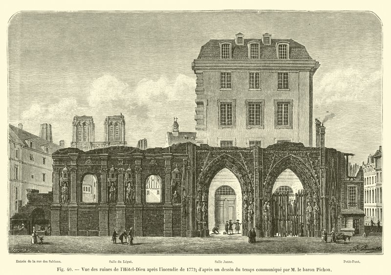 Utsikt över ruinerna av Hôtel-Dieu efter branden 1772; från en teckning av tiden meddelad av M le baron Pichon av French School