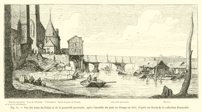 Utsikt över palatstornen och den tillfälliga gångbron, efter branden i Pont au Change 1621, från en teckning i Bonnardot-samlingen av French School
