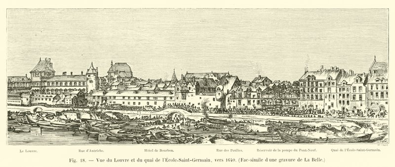 Utsikt över Louvren och Quai de lEcole-Saint-Germain, cirka 1640, Faksimil av en gravyr från La Belle av French School