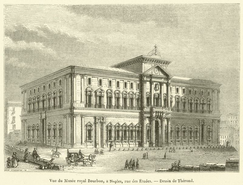 Utsikt över Royal Bourbon Museum, i Neapel, rue des Etudes (gravyr) av French School