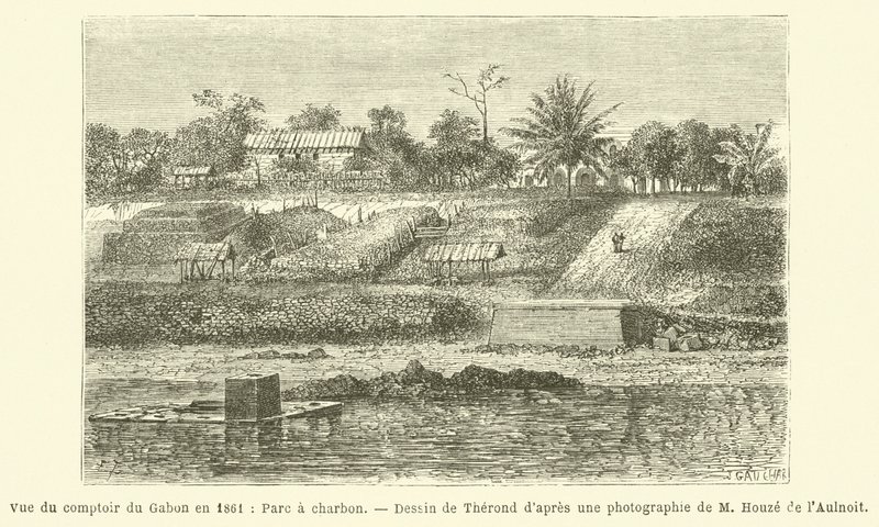 Utsikt över Comptoir du Gabon 1861, Parc a Charcoal (gravyr) av French School