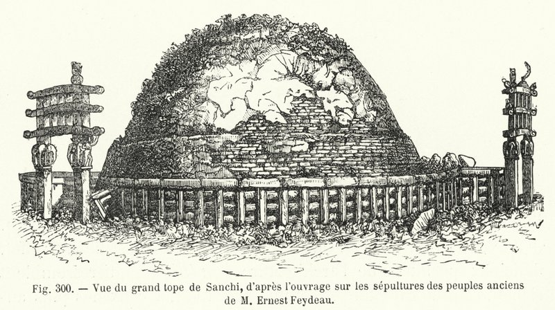 Vy över den stora toppen i Sanchi, från M Ernest Feydeaus arbete om forntida folks begravningar (gravyr) av French School