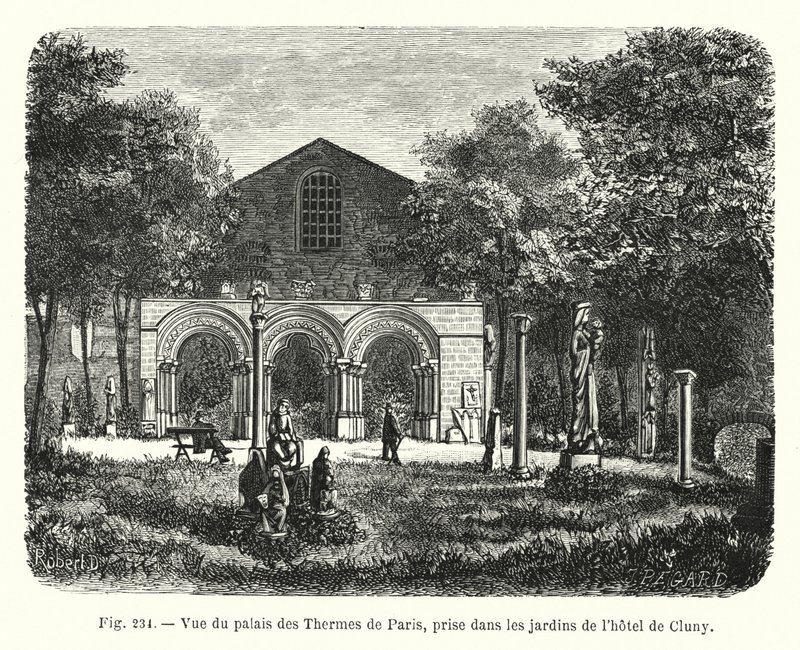 Utsikt över Palais des Thermes i Paris, tagen från trädgårdarna på Hôtel de Cluny (gravyr) av French School