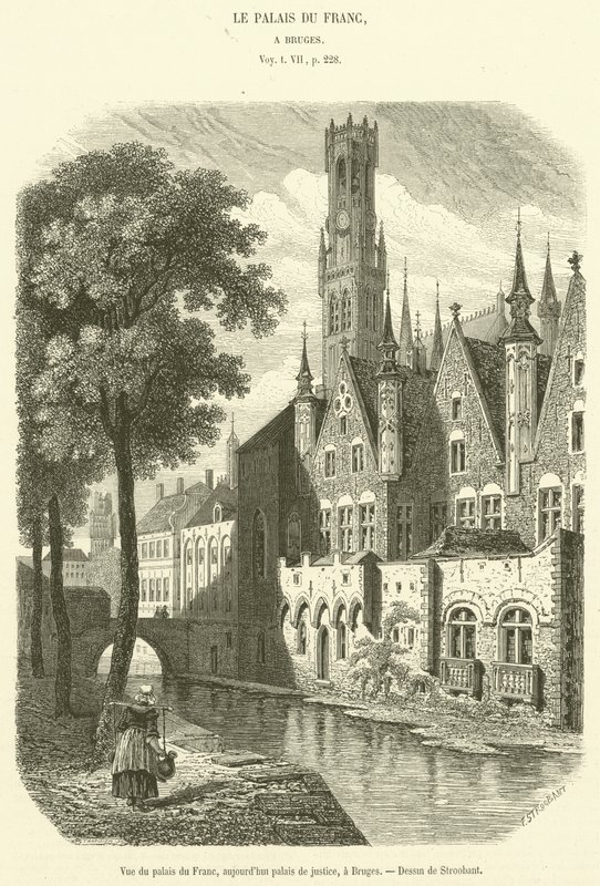 Utsikt över Palais du Franc, nu domstolsbyggnaden, i Brygge (gravyr) av French School