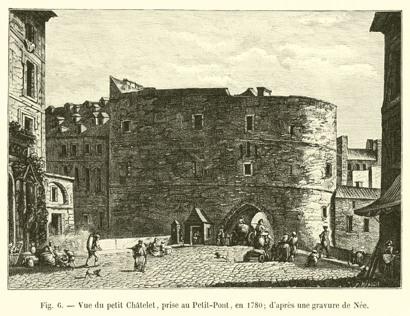 Vy över Petit Chatelet, tagen vid Petit-Pont, 1780; från en gravyr av Nee av French School