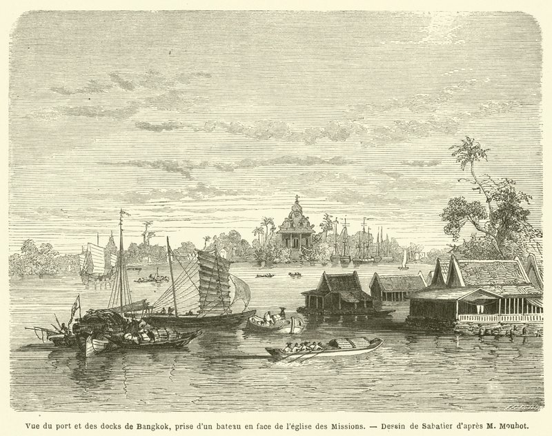 Utsikt över hamnen och hamnen i Bangkok, tagen från en båt framför Missionskyrkan (gravyr) av French School