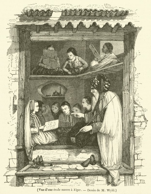 Vy över en morisk skola i Alger (gravyr) av French School