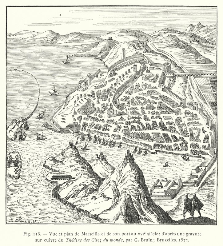 Vy och plan över Marseilla och dess hamn på 1500-talet; från en kopparstick av Theatre des Citez du monde, av G Bruin; Bryssel av French School
