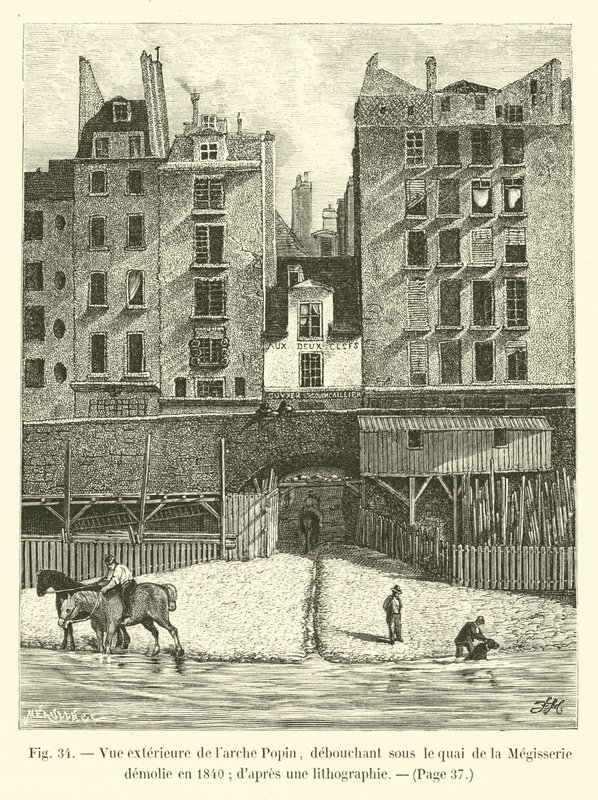 Exteriör vy av Popin-bågen, som dyker upp under Quai de la Megisserie som revs 1840; från en litografi av French School