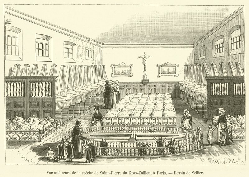 Interiörvy av daghemmet i Saint-Pierre du Gros-Caillou, i Paris (gravyr) av French School