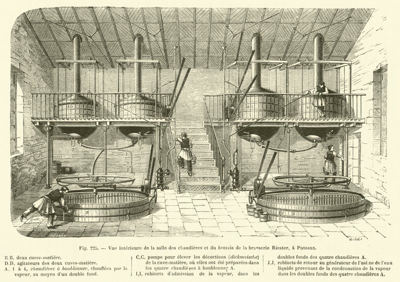Interiörvy av pannrummet och bryggeriet i Riester-bryggeriet, i Puteaux (gravyr) av French School