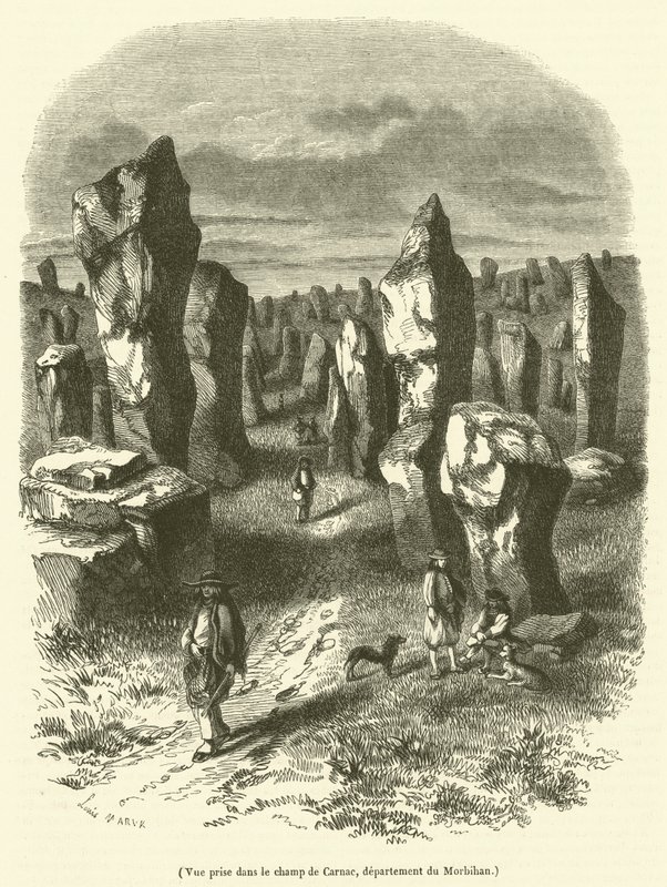 Vy tagen i fältet av Carnac, departementet Morbihan (gravyr) av French School