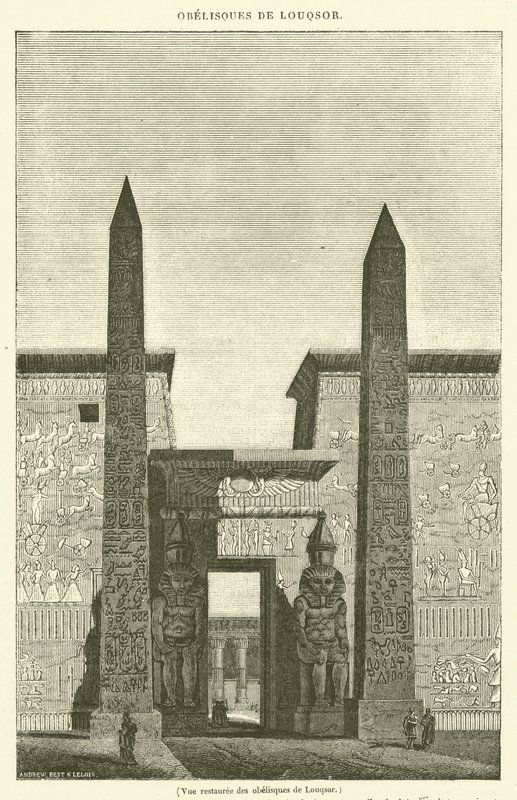 Återställd vy av obelisker i Luxor (gravyr) av French School