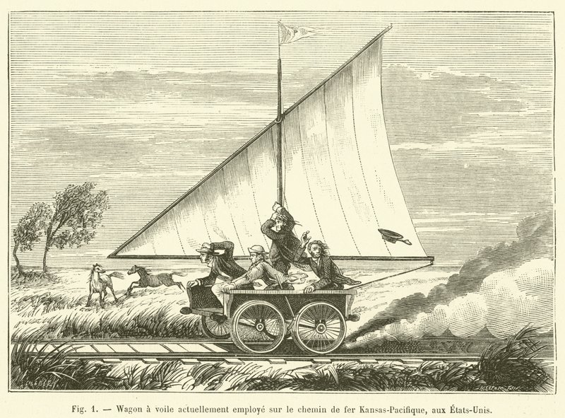 Segelvagn för närvarande anställd på Kansas-Pacific Railroad, USA (gravyr) av French School