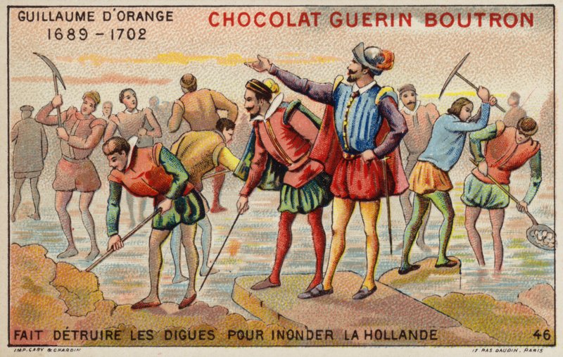 William av Orange förstör vallar för att möjliggöra översvämning av Holland (chromolitho) av French School