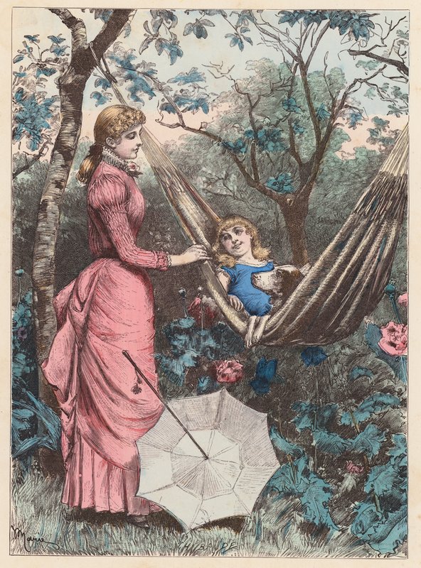 Kvinna, barn och hennes husdjurshund kopplar av i trädgården (färgad gravyr) av French School