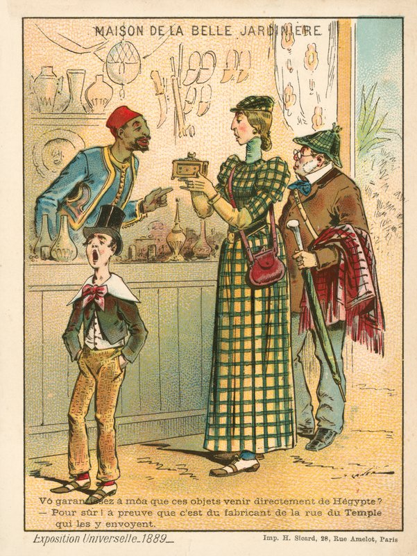 Kvinna undersöker egyptiska föremål, Exposition Universelle 1889, Paris (chromolitho) av French School
