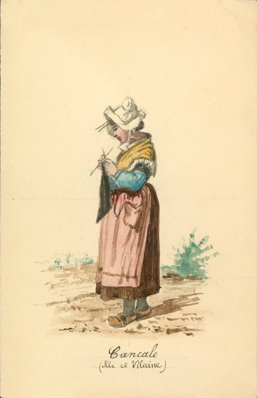 Kvinnodräkt från Cancale, Ille-et-Vilaine (färglitografi) av French School