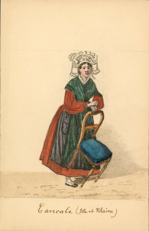 Kvinnodräkt från Cancale, Ille-et-Vilaine (färglitografi) av French School