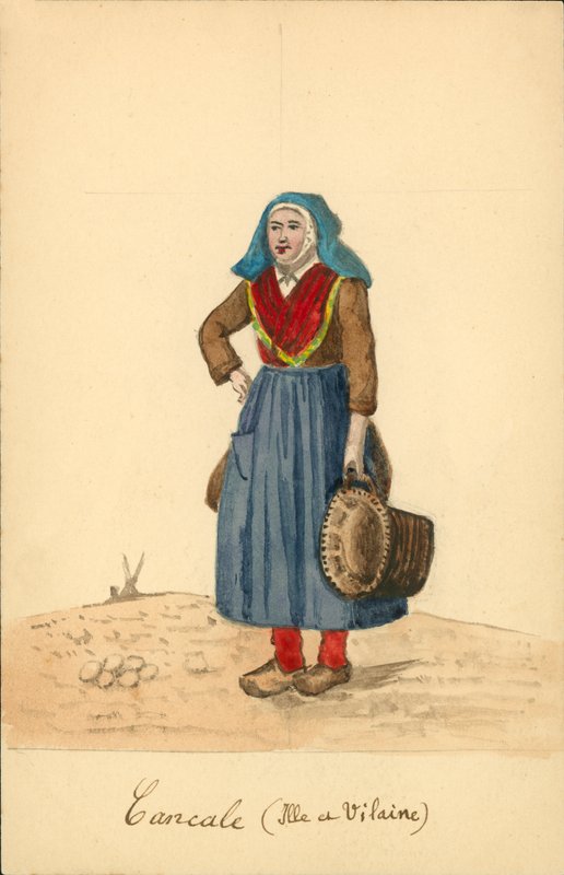 Kvinnodräkt från Cancale, Ille-et-Vilaine (färglitografi) av French School