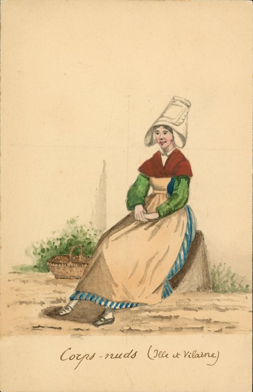 Kvinnodräkt från Corps-Nuds, Ille-et-Vilaine (färglitografi) av French School