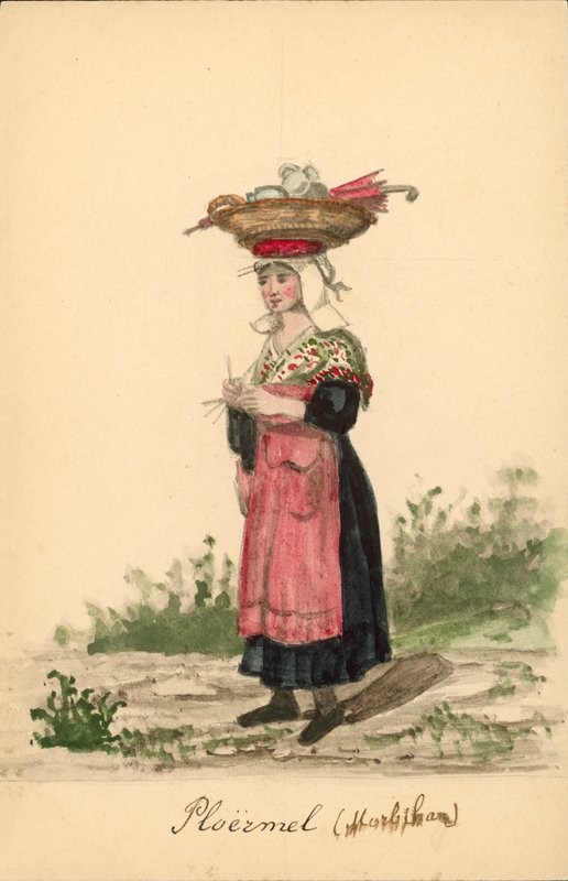 Kvinnodräkt från Ploermel, Morbihan (färglitografi) av French School