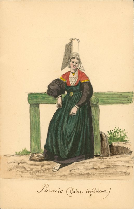 Kvinnodräkt från Pornic, Loire-Inferieure (färglitografi) av French School