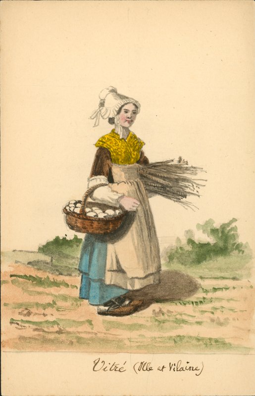 Kvinnodräkt från Vitre, Ille-et-Vilaine (färglitografi) av French School