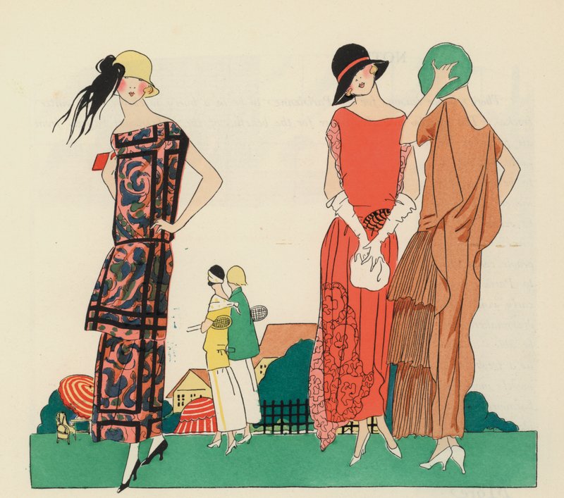 Design av kvinnoklänningar från 1920-talet av Premet och Christoph Drecoll. (färglitografi) av French School
