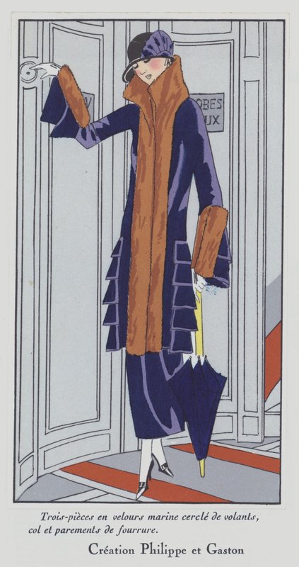 Dammode från 1920-talet av designern Philippe och Gaston (färglitografi) av French School