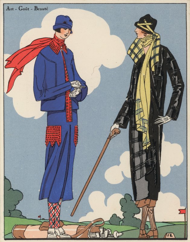 Golfmode för kvinnor från 1920-talet av formgivarna Martial och Armand samt Christoph Drecoll. (färglitografi) av French School