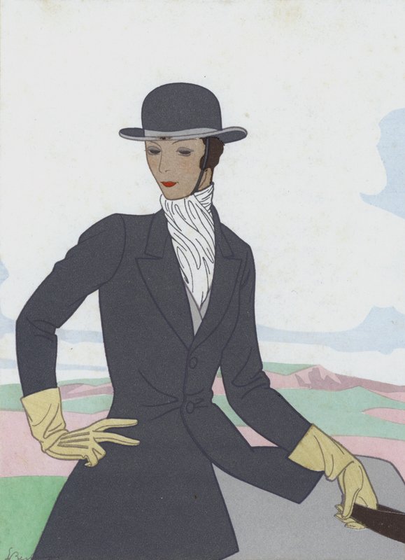 Design av ridkläder för kvinnor från 1920-talet (färglitografi) av French School