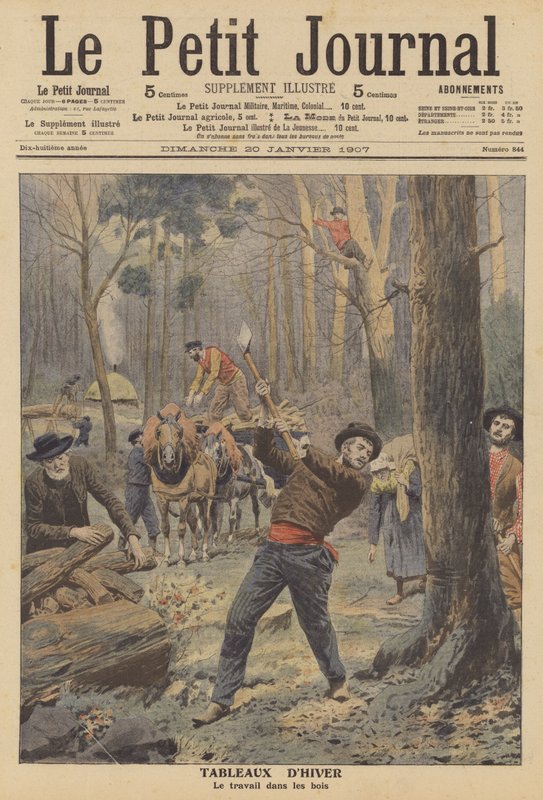 Vedhuggare på jobbet på vintern (färg litho) av French School