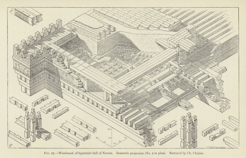 Träverk av hypostyle hall av Xerxes, isometrisk projektion (nr 2 i plan), restaurerad av Ch Chipiez av French School