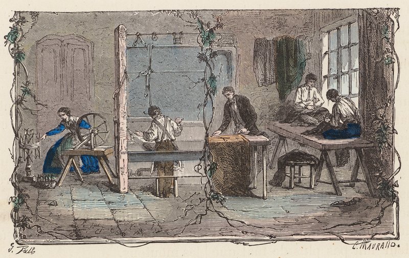 Arbeta med ull (färgad gravyr) av French School