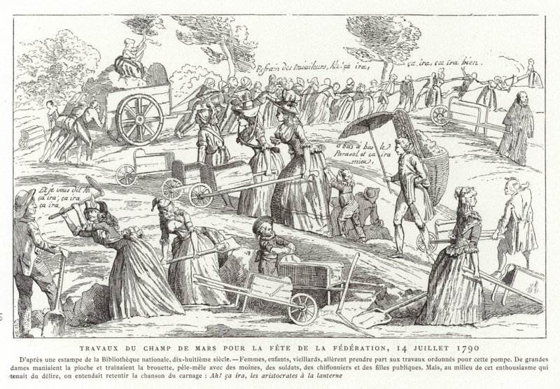 Arbetar på Champ de Mars som förberedelse för Fete de la Federation, Paris, franska revolutionen, 14 juli 1790 av French School