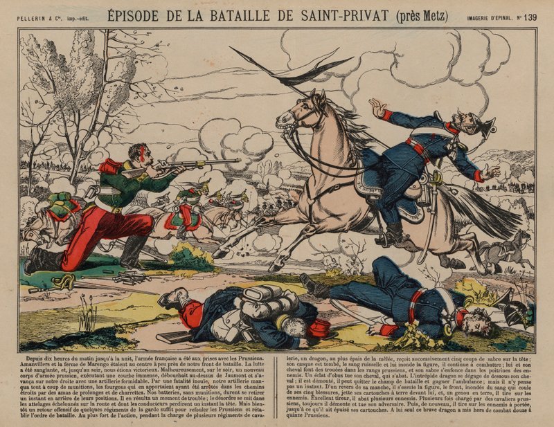 Sårad fransk drake skjuter en preussisk lanser i slaget vid Saint-Privat, fransk-preussiska kriget av French School