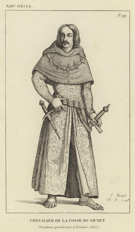 XIII Century, Riddare av Pod of Genet, Dräkt efter år 1365 (gravyr) av French School