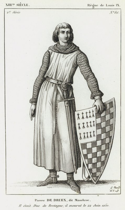 XIII-talet, Louix IX:s regeringstid, Pierre de Druex, dit Mauclere, Han var hertig av Bretagne; han dog den 22 juni 1250 (gravyr) av French School