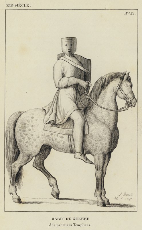 XII-talet, krigsvana, av de första tempelriddare (gravyr) av French School