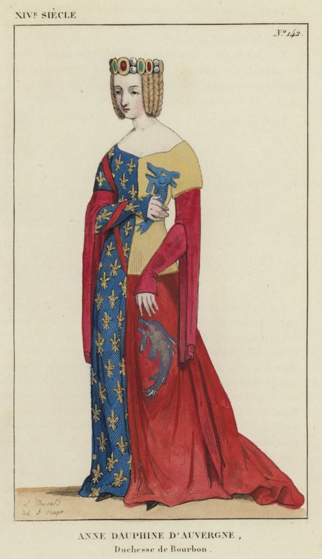 XIV Century, Anne Dauphine av Auvergne, hertiginna av Bourbon (färgad gravyr) av French School