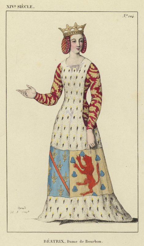 XIV Century, Beatrix, Lady of Bourbon (färgad gravyr) av French School