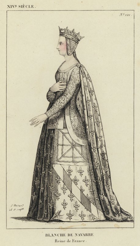 XIV Century, Blanche av Navarra, drottning av Frankrike (färgad gravyr) av French School