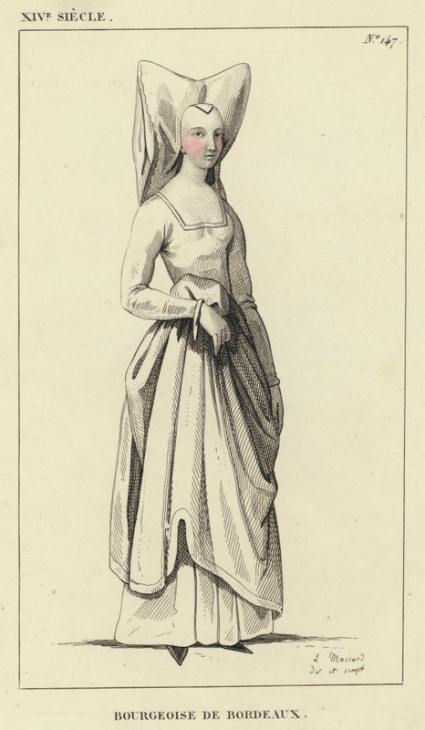XIV Century, Bourgeoise of Bordeaux (färgad gravyr) av French School
