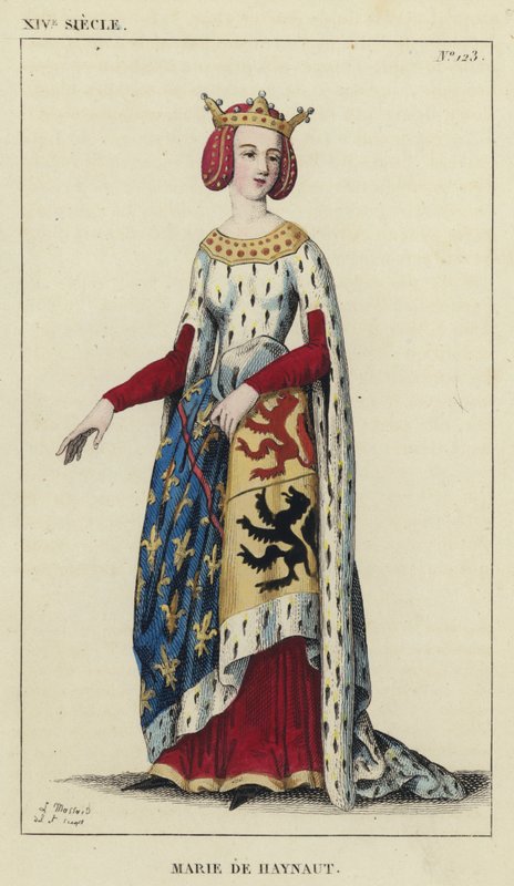 XIV Century, Marie de Haynaut (färgad gravyr) av French School