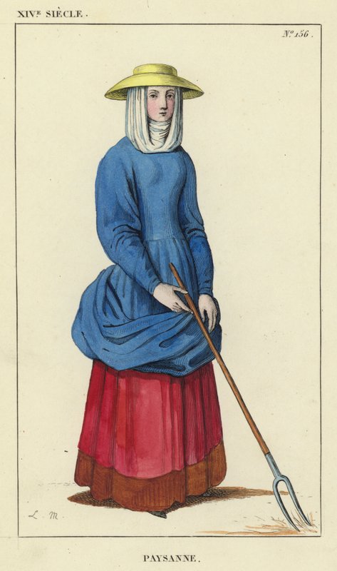 XIV Century, bondekvinna (färgad gravyr) av French School