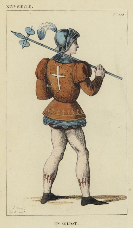 XIV Century, A Soldier (färgad gravyr) av French School
